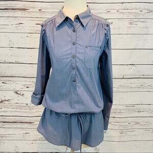 Nicole Miller blue button down drawstring blouse